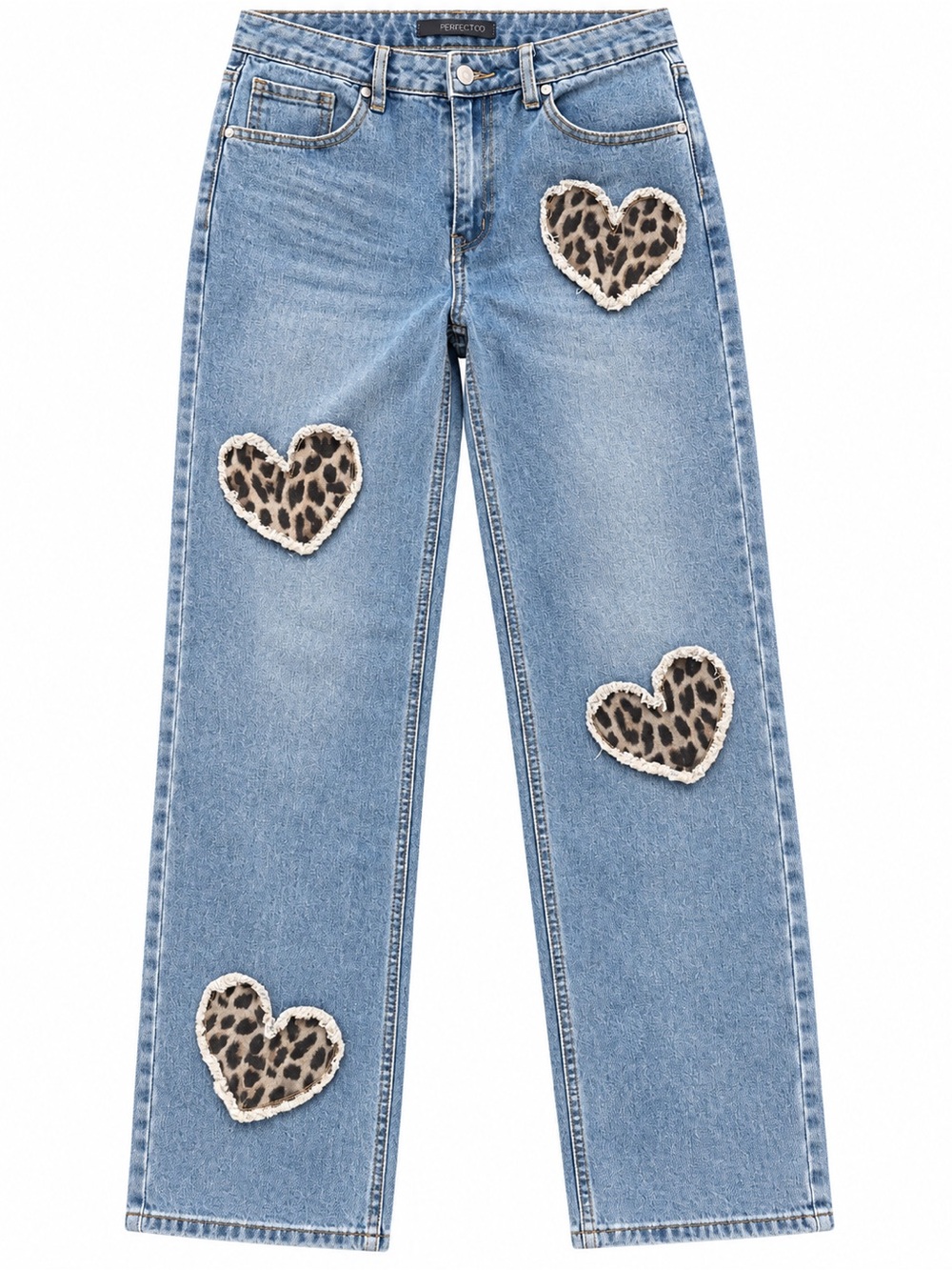 Cali 1850 Light Blue Straight-Leg Jeans with Leopard Heart Patches
